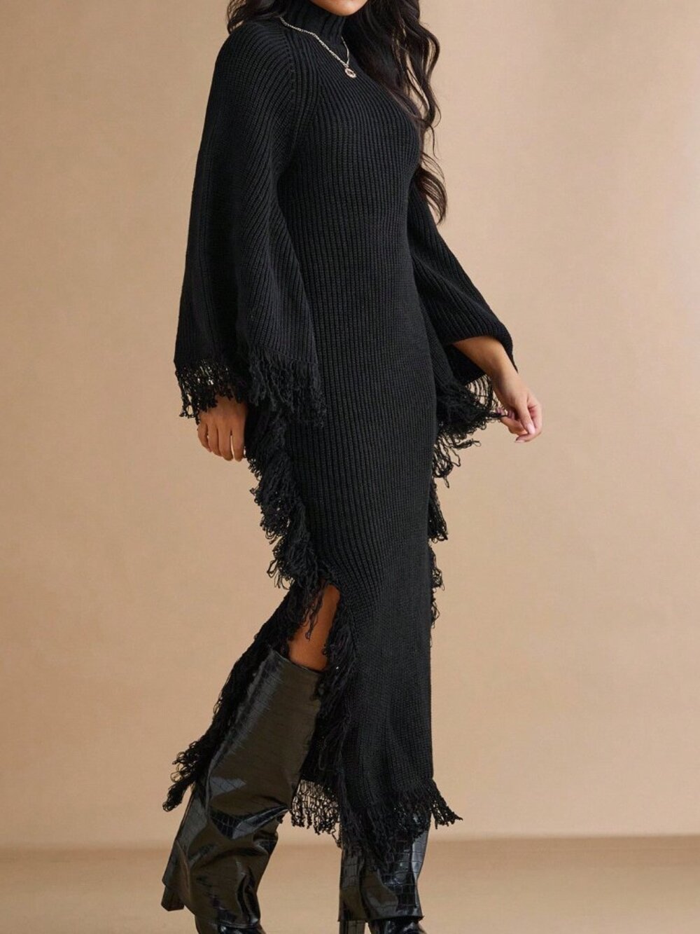 Black Casual Women's Turtleneck Fringe Cuff Fitted Knit Dress - Picture 6 of 7